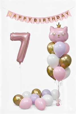 7 Yaş Kedi Temalı Günü Balon Doğum Seti – Pembe Gold Konsept