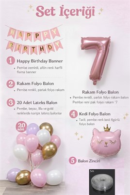 7 Yaş Kedi Temalı Günü Balon Doğum Seti – Pembe Gold Konsept
