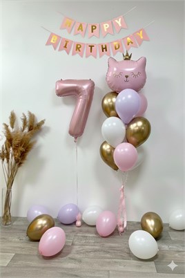 7 Yaş Kedi Temalı Günü Balon Doğum Seti – Pembe Gold Konsept