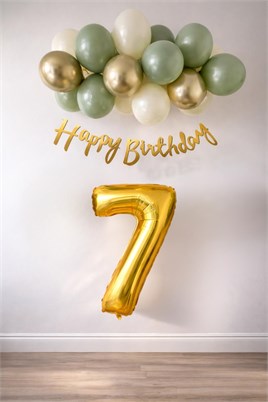 7 Yaş Küf Yeşili Deniz Kumu ve Krom Gold Balonlu Konsept  Doğum Günü Seti
