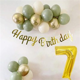 7 Yaş Küf Yeşili Deniz Kumu ve Krom Gold Balonlu Konsept  Doğum Günü Seti