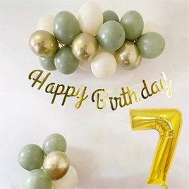 7 Yaş Küf Yeşili Deniz Kumu ve Krom Gold Balonlu Konsept  Doğum Günü Seti