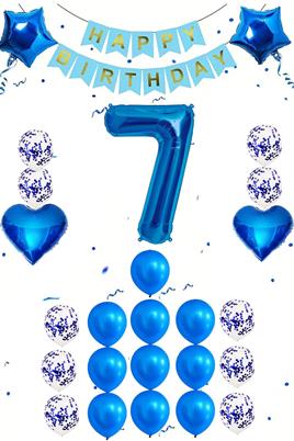 7 Yaş Mavi Konsept Doğum Günü Seti;  Kalp Yıldız Folyo Balon Set