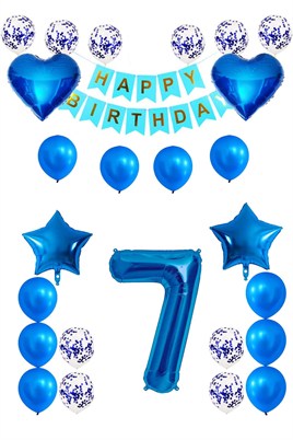 7 Yaş Mavi Konsept Doğum Günü Seti;  Kalp Yıldız Folyo Balon Set
