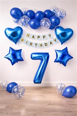 7 Yaş Mavi Konsept Doğum Günü Seti;  Kalp Yıldız Folyo Balon Set