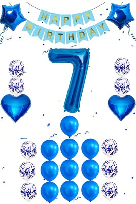 7 Yaş Mavi Konsept Doğum Günü Seti;  Kalp Yıldız Folyo Balon Set