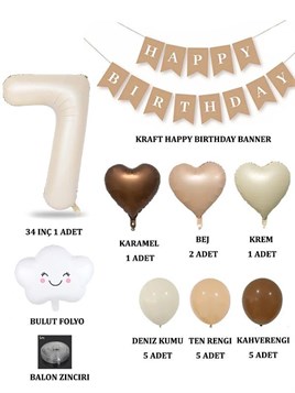 7 Yaş Retro Doğum Günü Seti; Krem Rakam Folyo, Banner, Kalp Folyo ve Lateks Balon