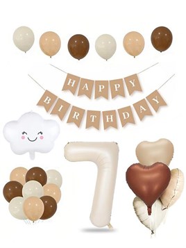 7 Yaş Retro Doğum Günü Seti; Krem Rakam Folyo, Banner, Kalp Folyo ve Lateks Balon