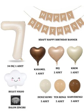 7 Yaş Retro Doğum Günü Seti; Krem Rakam Folyo, Banner, Kalp Folyo ve Lateks Balon