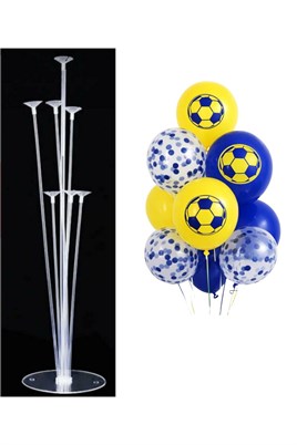 7li Balon Standı ve 10 Adet Futbol Temalı Sarı-Lacivert-Şeffaf Konfetili Balon Set
