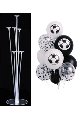 7li Balon Standı ve 10 Adet Futbol Temalı Siyah-Beyaz-Şeffaf Konfetili Balon Set