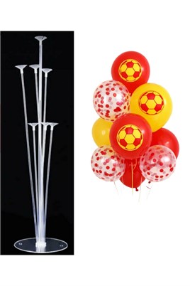 7li Balon Standı ve 10 Adet Futbol Temalı Sarı-Kırmızı-Şeffaf Konfetili Balon Set