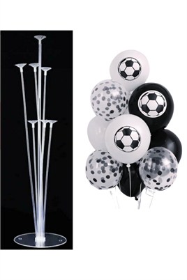 7li Balon Standı ve 10 Adet Futbol Temalı Siyah-Beyaz-Şeffaf Konfetili Balon Set
