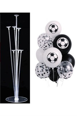 7li Balon Standı ve 10 Adet Futbol Temalı Siyah-Beyaz-Şeffaf Konfetili Balon Set