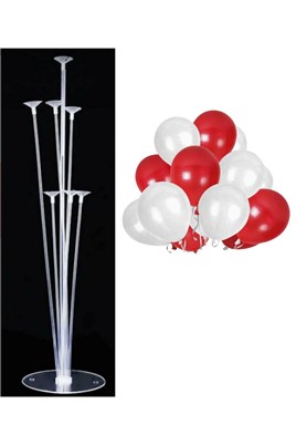 7li Balon Standı ve 10 Adet Kırmızı ve Beyaz Balon Set