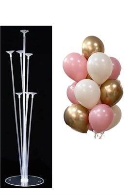 7li Balon Standı ve 10 Adet Krom Gold, Kum ve Pembe Balon Set
