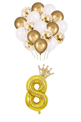8 Rakam Gold Folyo Balon, Kral Tacı Ve Konfetili Gold Balon