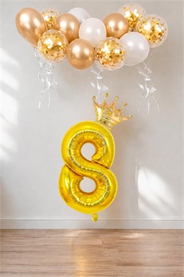 8 Rakam Gold Folyo Balon, Kral Tacı Ve Konfetili Gold Balon