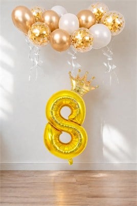 8 Rakam Gold Folyo Balon, Kral Tacı Ve Konfetili Gold Balon