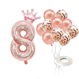 8 Rakam Rose Gold Folyo Balon, Kral Tacı Ve Konfetili Rose Gold Balon