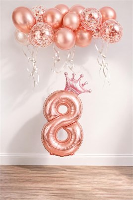 8 Rakam Rose Gold Folyo Balon, Kral Tacı Ve Konfetili Rose Gold Balon
