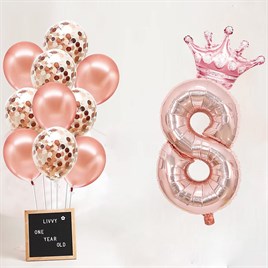 8 Rakam Rose Gold Folyo Balon, Kral Tacı Ve Konfetili Rose Gold Balon
