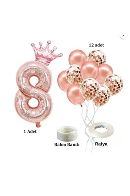 8 Rakam Rose Gold Folyo Balon, Kral Tacı Ve Konfetili Rose Gold Balon