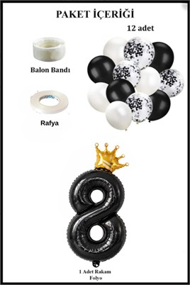 8 Rakam Siyah Folyo Balon, Kral Tacı Ve Konfetili Siyah Balon Set