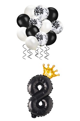 8 Rakam Siyah Folyo Balon, Kral Tacı Ve Konfetili Siyah Balon Set