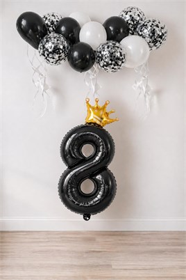 8 Rakam Siyah Folyo Balon, Kral Tacı Ve Konfetili Siyah Balon Set