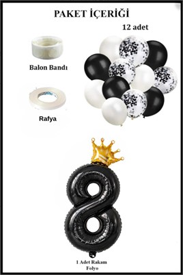 8 Rakam Siyah Folyo Balon, Kral Tacı Ve Konfetili Siyah Balon Set