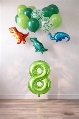 8 Yaş Dinazor Set; Rakam Folyo, 3 Adet Mini Dinazor ve 10 lu Balon