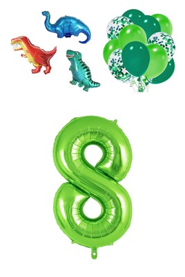 8 Yaş Dinazor Set; Rakam Folyo, 3 Adet Mini Dinazor ve 10 lu Balon