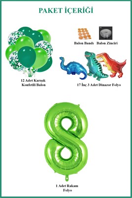 8 Yaş Dinazor Set; Rakam Folyo, 3 Adet Mini Dinazor ve 10 lu Balon