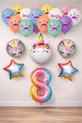 8 Yaş Gökkuşağı Konsepti Unicorn Temalı Doğum Günü Parti Kutlama Seti