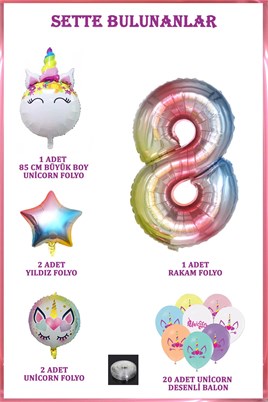 8 Yaş Gökkuşağı Konsepti Unicorn Temalı Doğum Günü Parti Kutlama Seti
