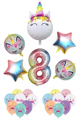 8 Yaş Gökkuşağı Konsepti Unicorn Temalı Doğum Günü Parti Kutlama Seti