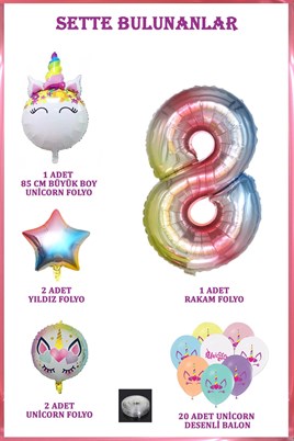 8 Yaş Gökkuşağı Konsepti Unicorn Temalı Doğum Günü Parti Kutlama Seti