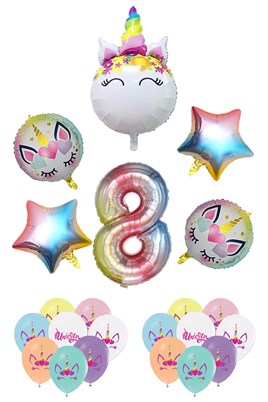 8 Yaş Gökkuşağı Konsepti Unicorn Temalı Doğum Günü Parti Kutlama Seti
