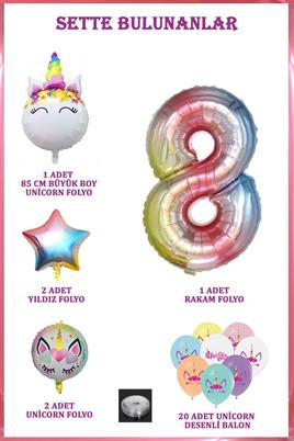 8 Yaş Gökkuşağı Konsepti Unicorn Temalı Doğum Günü Parti Kutlama Seti