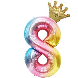 8 Yaş Gökkuşağı Rakam ve Kral Tacı Folyo Balon Doğum Günü Parti Kutlama Seti