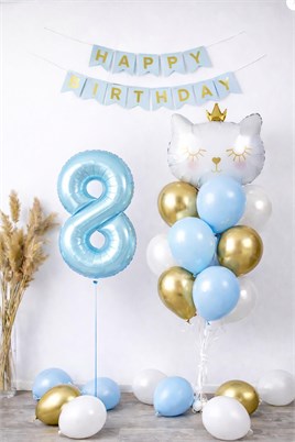 8 Yaş Kedi Temalı Doğum Günü Balon Seti – Mavi Gold Konsept