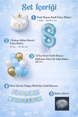8 Yaş Kedi Temalı Doğum Günü Balon Seti – Mavi Gold Konsept