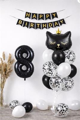 8 Yaş Kedi Temalı Doğum Günü Balon Seti – Siyah Konsept