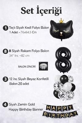 8 Yaş Kedi Temalı Doğum Günü Balon Seti – Siyah Konsept