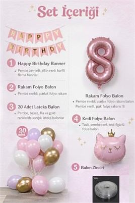 8 Yaş Kedi Temalı Günü Balon Doğum Seti – Pembe Gold Konsept