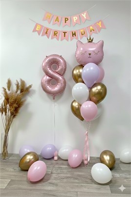 8 Yaş Kedi Temalı Günü Balon Doğum Seti – Pembe Gold Konsept