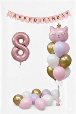 8 Yaş Kedi Temalı Günü Balon Doğum Seti – Pembe Gold Konsept