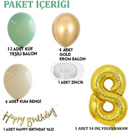 8 Yaş Küf Yeşili Deniz Kumu ve Krom Gold Balonlu Konsept  Doğum Günü Seti
