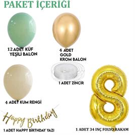 8 Yaş Küf Yeşili Deniz Kumu ve Krom Gold Balonlu Konsept  Doğum Günü Seti